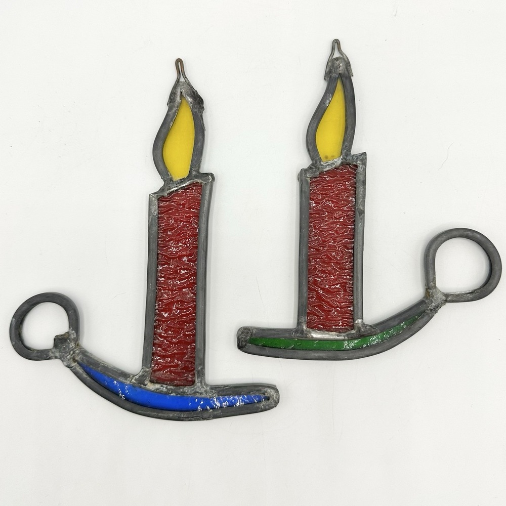 2 Vintage Stained Glass Christmas Ornament Candle Holder Handmade Sun Catcher